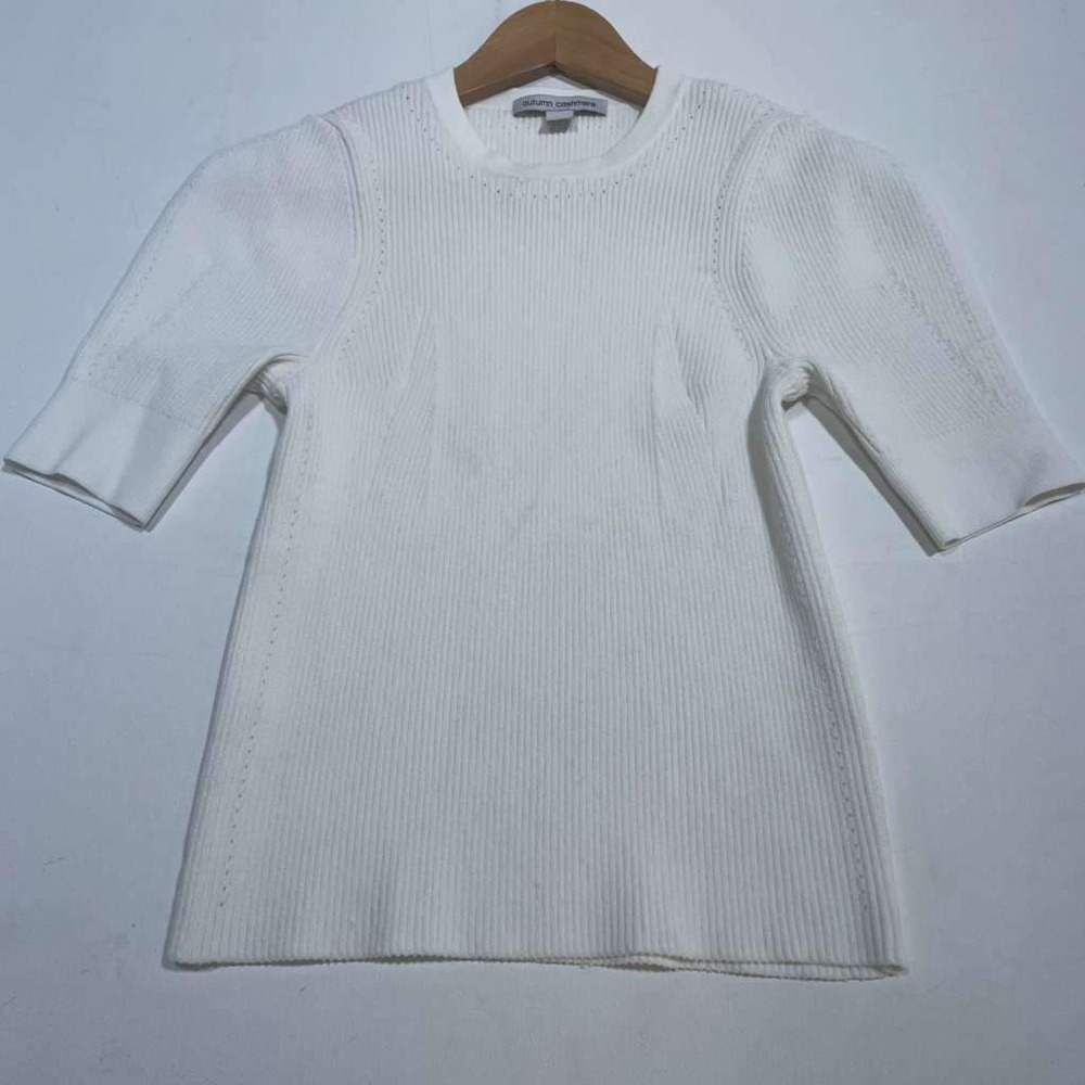 Autumn Cashmere Ribbed Knit Top Women XS White Short Sleeve Pointelle Crew Neck